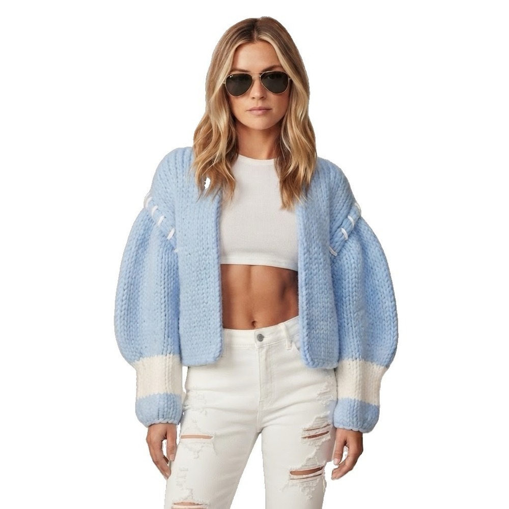 Urban Daizy Size M Oversized Chunky Knit Blue Cardigan Balloon Sleeve Indie Boho